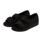 Side view of black velvet open toed sandals