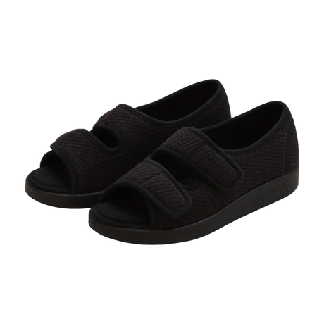 Side view of black velvet open toed sandals