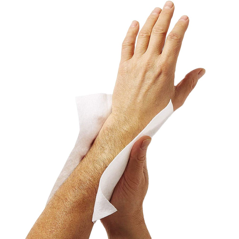 Hand using bathing cloth to clean forearm