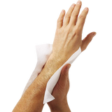 Hand using bathing cloth to clean forearm