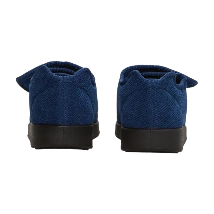 Back of navy blue slippers with black soles