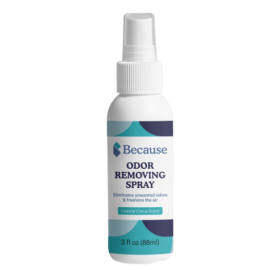 Because Odor Removing Spray. Eliminates unwanted odors & freshens the air. Coastal Citrus Scent. 3Fl Oz 