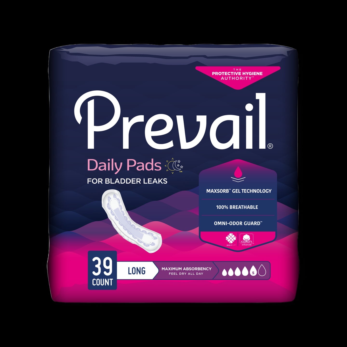 Prevail Incontinence Bladder Control Pads for Women, Maximum Absorbency, Long Length, 39 count