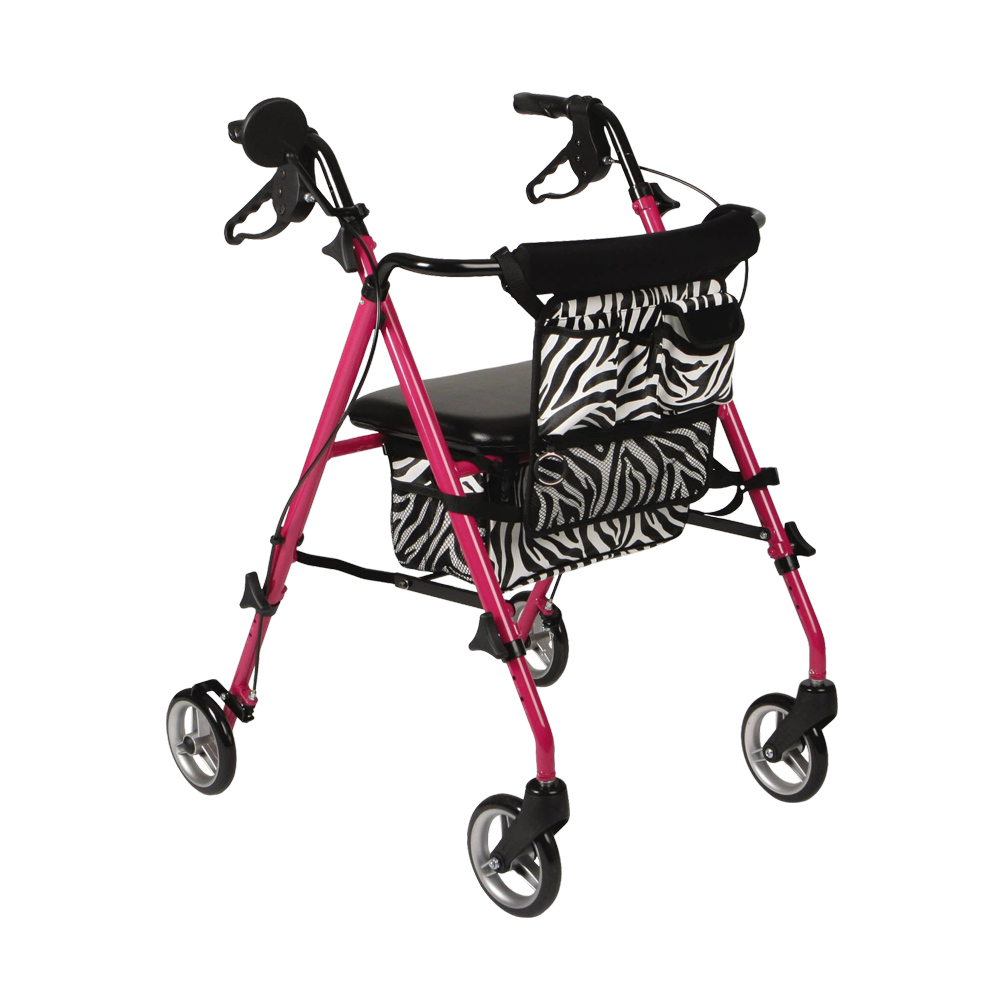 Pink zebra rollator with stylish zebra patterned storage seat. Contains bright magenta pink design, extra storage pockets in the front, and hand brakes.