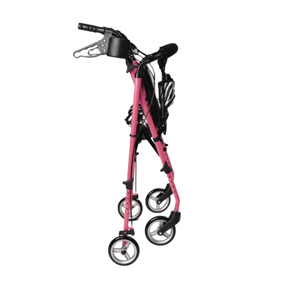 Folded up pink zebra rollator folded into a compact position for easy storage