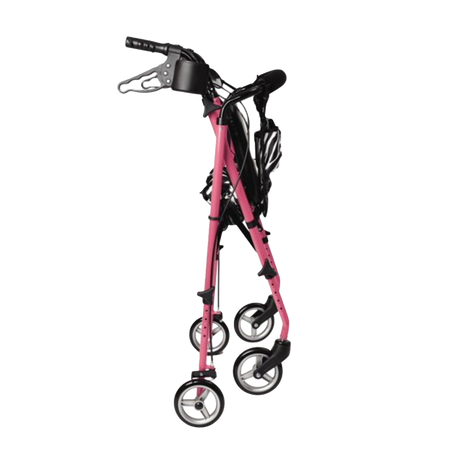 Folded up pink zebra rollator folded into a compact position for easy storage