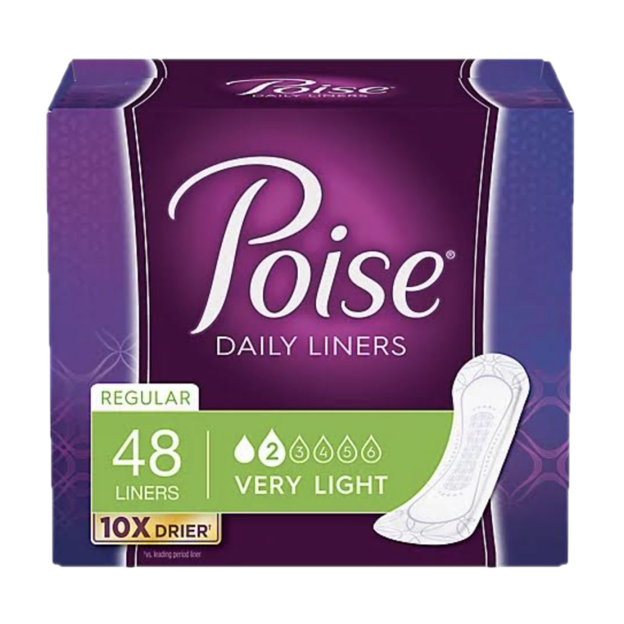 Poise Daily Liners Packaging. 48 Regular Liners, very light. 10X Drier. 