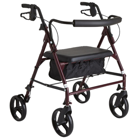 Red steel rollator with burgundy steel chassis, black padded seat cushion and storage, and ergonomic hand brakes.