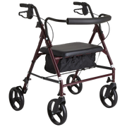 Red steel rollator with burgundy steel chassis, black padded seat cushion and storage, and ergonomic hand brakes.