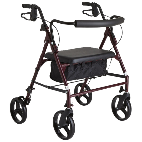 Red steel rollator with burgundy steel chassis, black padded seat cushion and storage, and ergonomic hand brakes.