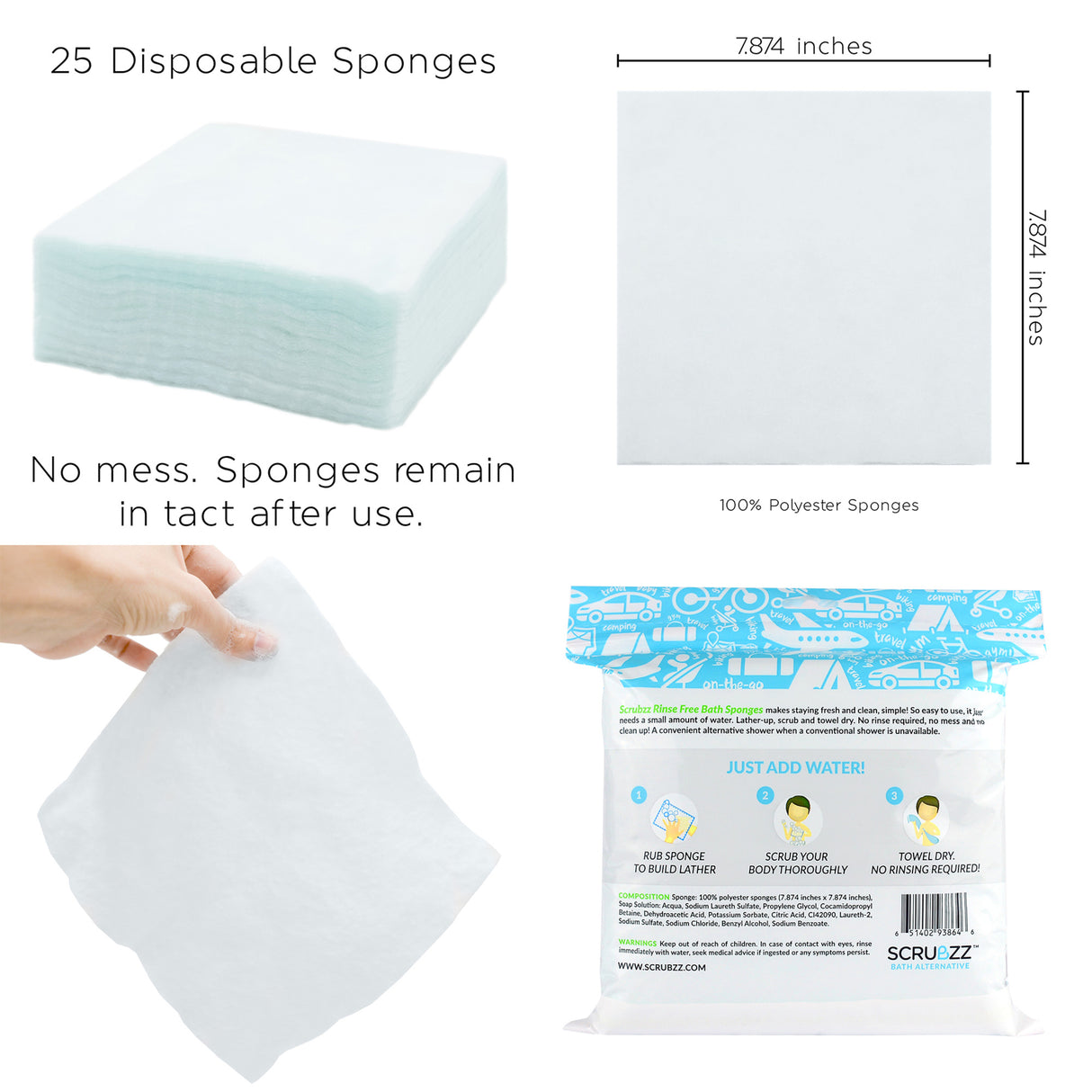 Scrubbz Instructions. 25 Disposable Sponges. No Mess Sponges remain in tact after use. 