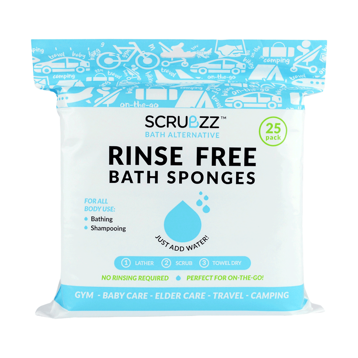 Scrubzz 25 pack rinse free bath sponges. 