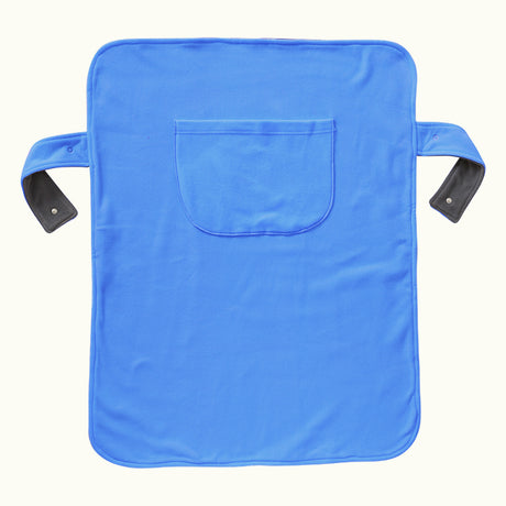 Silverts Stay On Wheelchair Blanket Blue viewed from the wrong with pocket displayed.