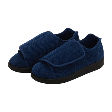 Blue slippers with adjustable Easy Touch closure with black slip resistant soles