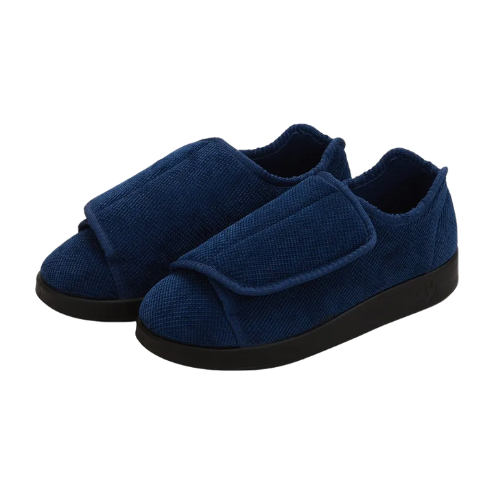Blue slippers with adjustable Easy Touch closure with black slip resistant soles