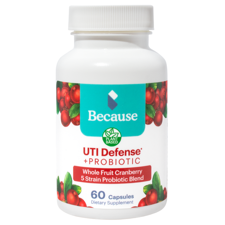 Because UTI defense and probiotic supplement bottle with cranberries on the label. 60 Capsules. 