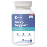 Bottle of blue Because Sleep Support Natural Sleep Aid. All Natural. Melatonin. Drug Free. 60 capsules. Vegan dietary supplement