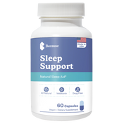 Bottle of blue Because Sleep Support Natural Sleep Aid. All Natural. Melatonin. Drug Free. 60 capsules. Vegan dietary supplement