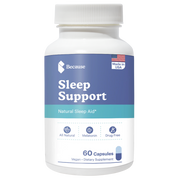 Bottle of blue Because Sleep Support Natural Sleep Aid. All Natural. Melatonin. Drug Free. 60 capsules. Vegan dietary supplement