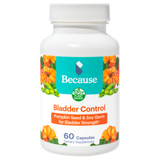 White supplement bottle with pumpkins and soy germs on the label. 60 Capsules. 