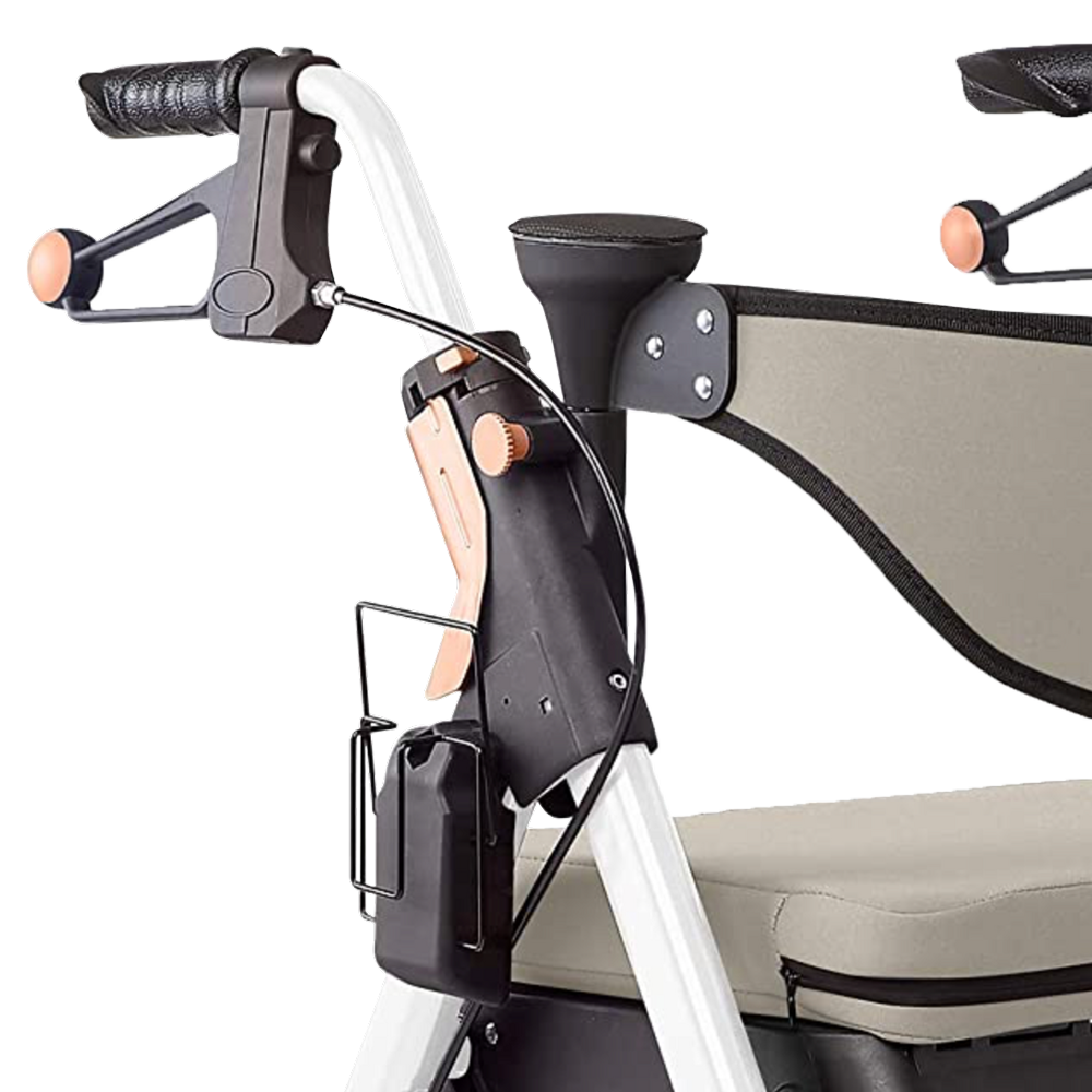 Close up of hand brakes on white rollator, simple ergonomic features and design.