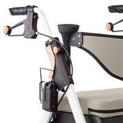 Close up of hand brakes on white rollator, simple ergonomic features and design.