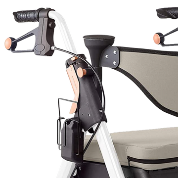 Close up of hand brakes on white rollator, simple ergonomic features and design.