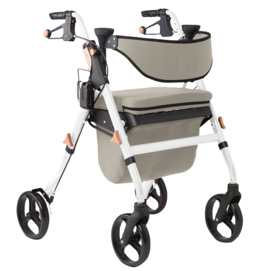 White aluminum folding rollator walker with beige seat and understorage