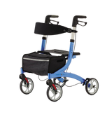 Blue steel rollator with four wheels and a stylish and supportive chassis. 