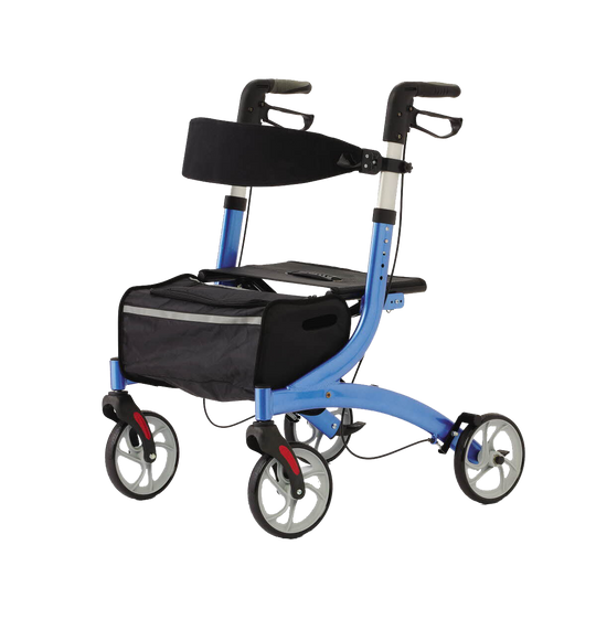 Blue steel rollator with four wheels and a stylish and supportive chassis. 