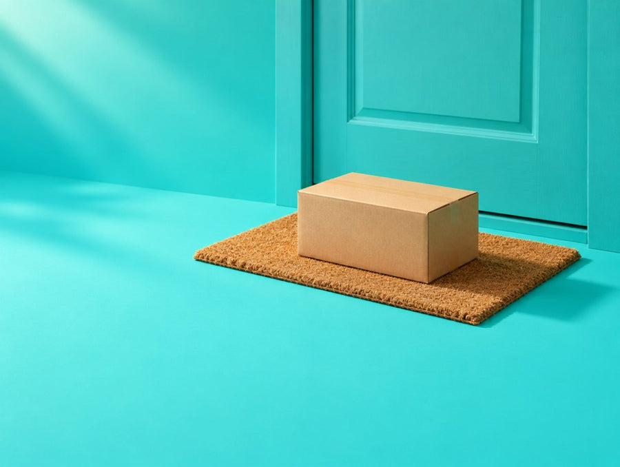 A plain box waiting on a doormat.