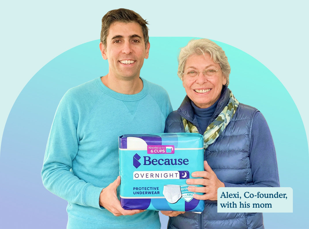 Alexi, Because co-founder, with his mom holding a package of Because Overnight underwear