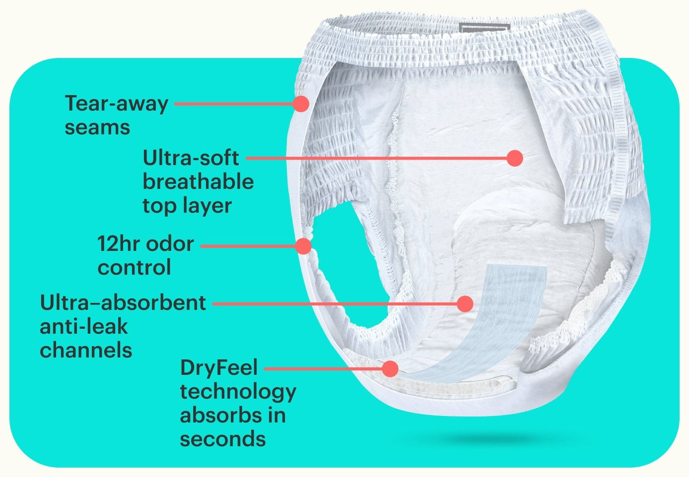 Cross-section of Because Overnight underwear — tear-away seams, ultra-soft breathable top layer, 12-hour odor control, ultra-absorbent anti-leak channels, and DryFeel technology